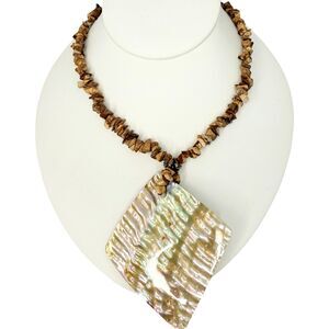 Mother Of Pearl Large Pendant Necklace 18" Natural Jasper Bohemian